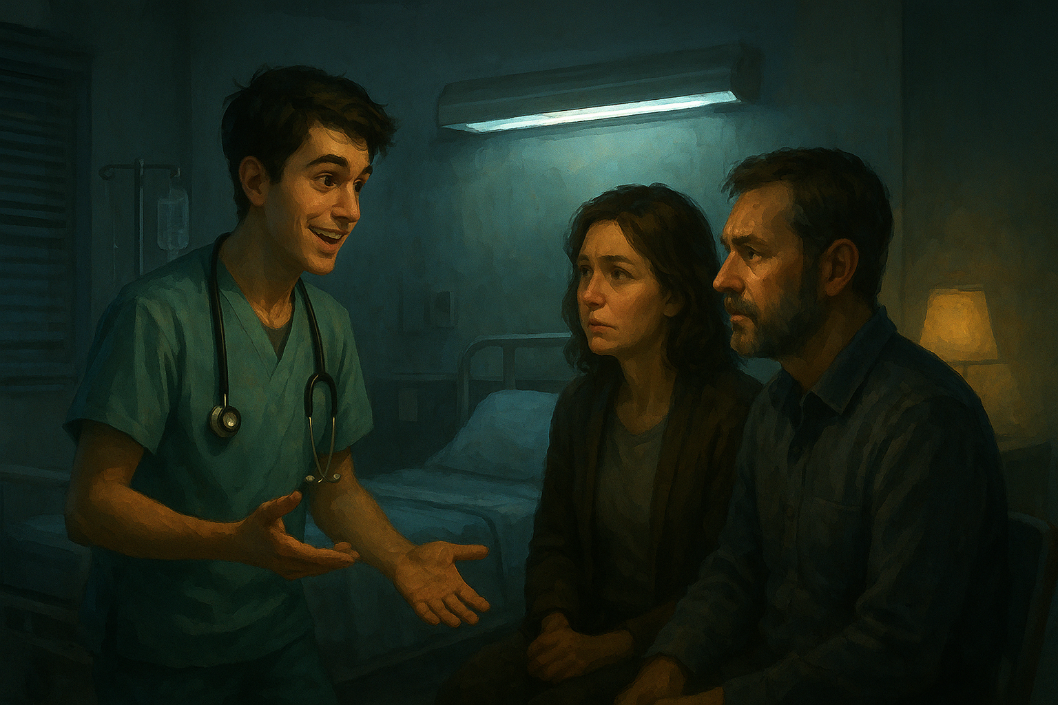 AI-generated image by GPT-5 of an enthusiastic intern in a hospital communicating his excitement