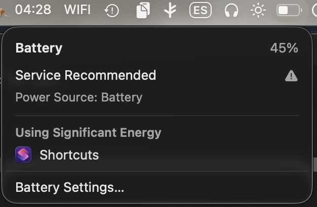 macOS battery menu bar dropdown showing battery at 45 percent, Service Recommended, and Shortcuts listed under Using Significant Energy.