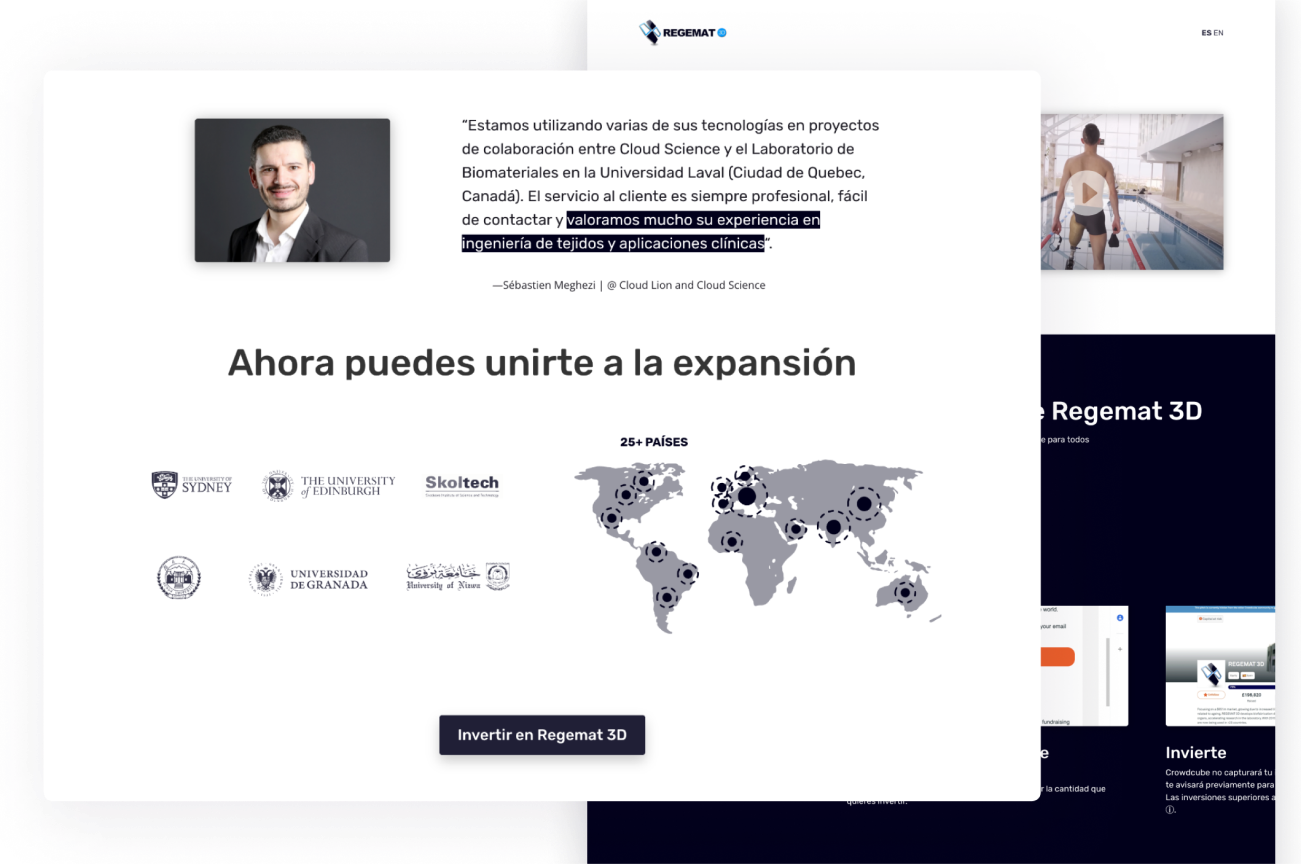 Screenshot of the landing page for the crowdfunding round made for Regemat 3D