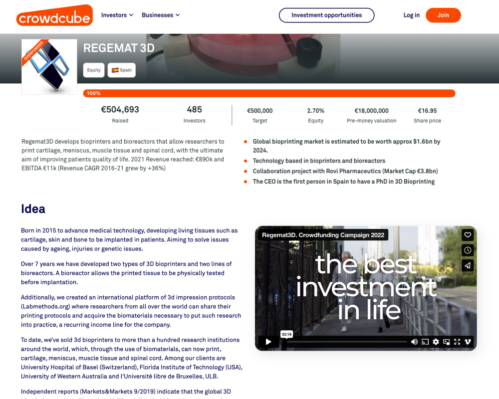 Showcase of the hero section of the landing page made for a crowdfunding participation for Regemat 3D