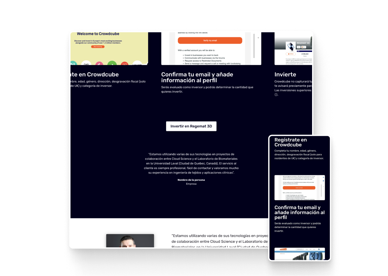 Showcase of the investment process made for Regemat 3D, in Spanish